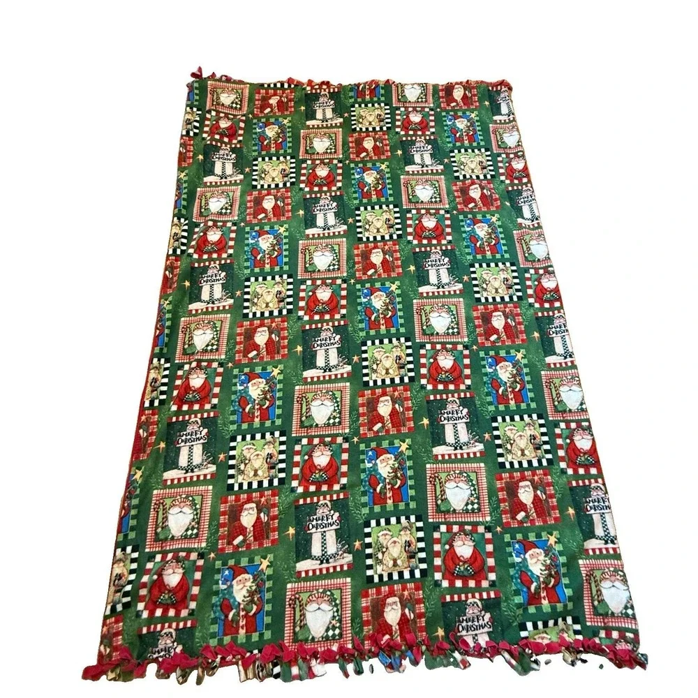 Vintage Handmade Blanket Merry Christmas Santa Claus Fleece Tie Fringe 89x59